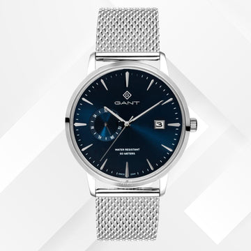 Ρολόι Gant East Hill G165004 με ασημί ατσάλινο μπρασελέ και μπλε καντράν διαμέτρου 43mm.